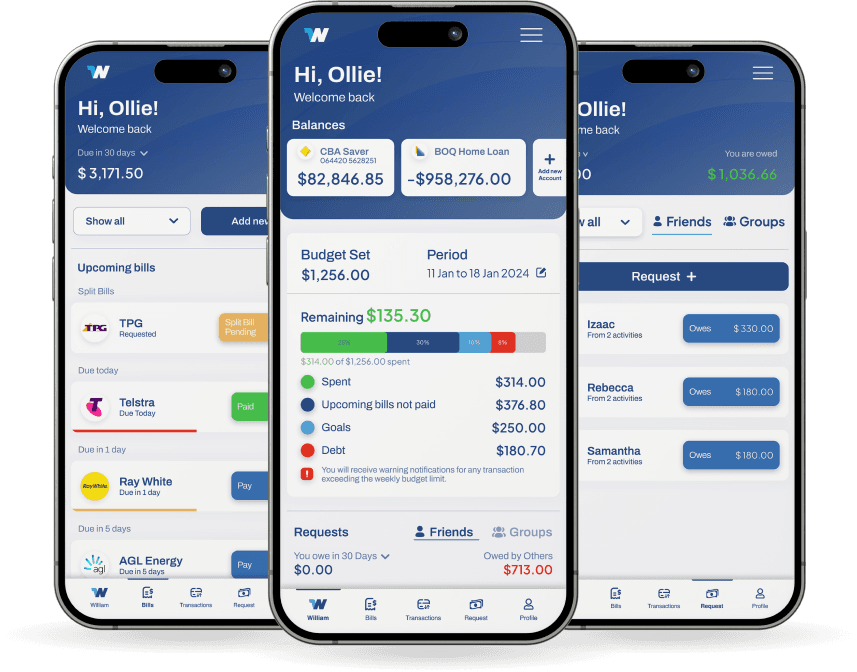 William App Interface showing budget tracking and bill management